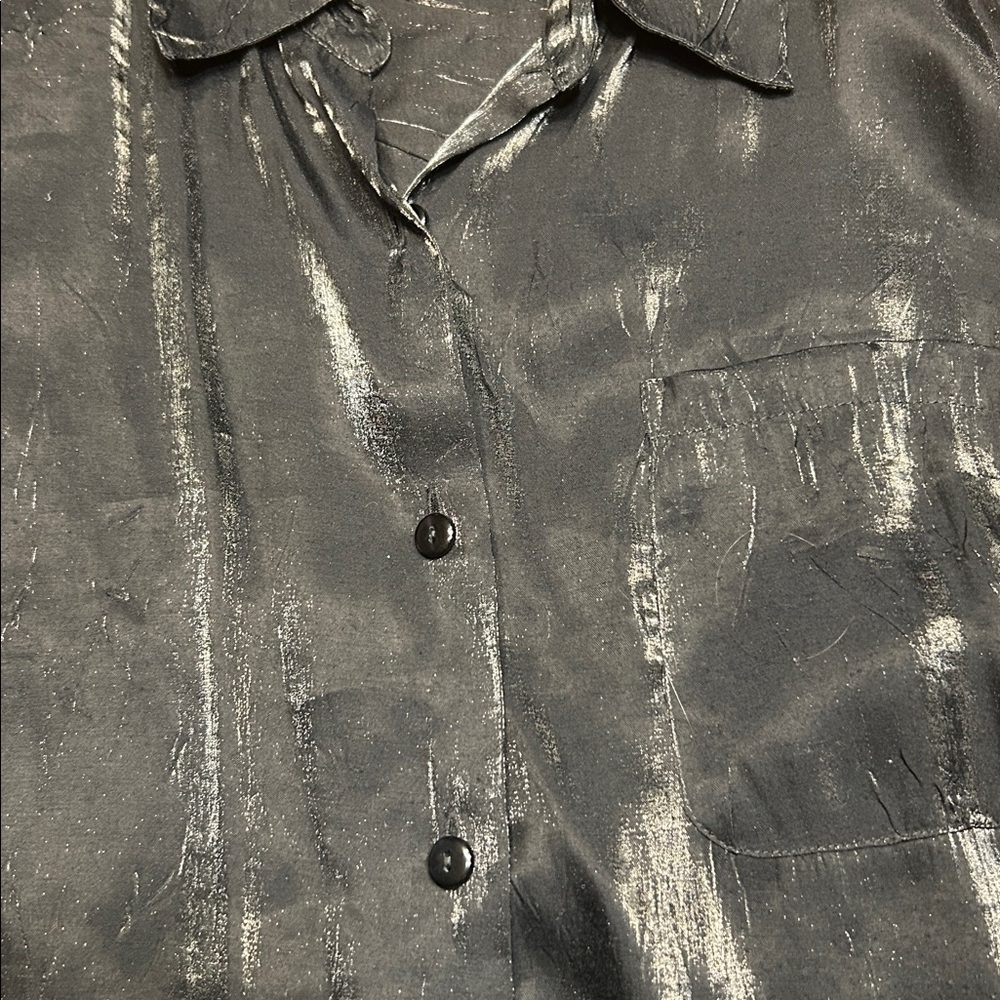 Modern Essentials Black Iridescent Metallic Button Front Shirt 90s Vintage Sz L - Picture 5 of 9